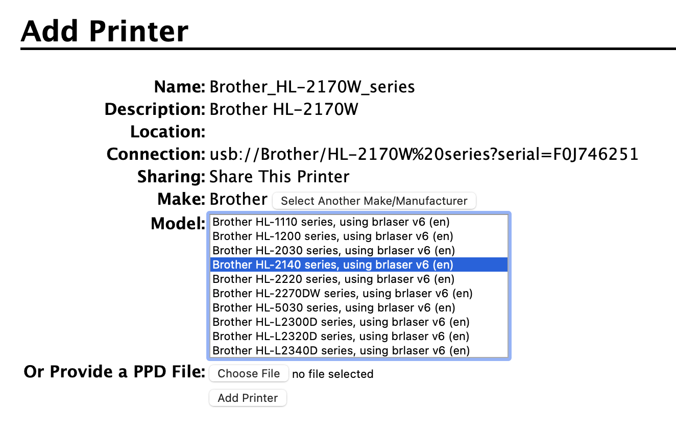 Driver selection screen in CUPS web admin interface
